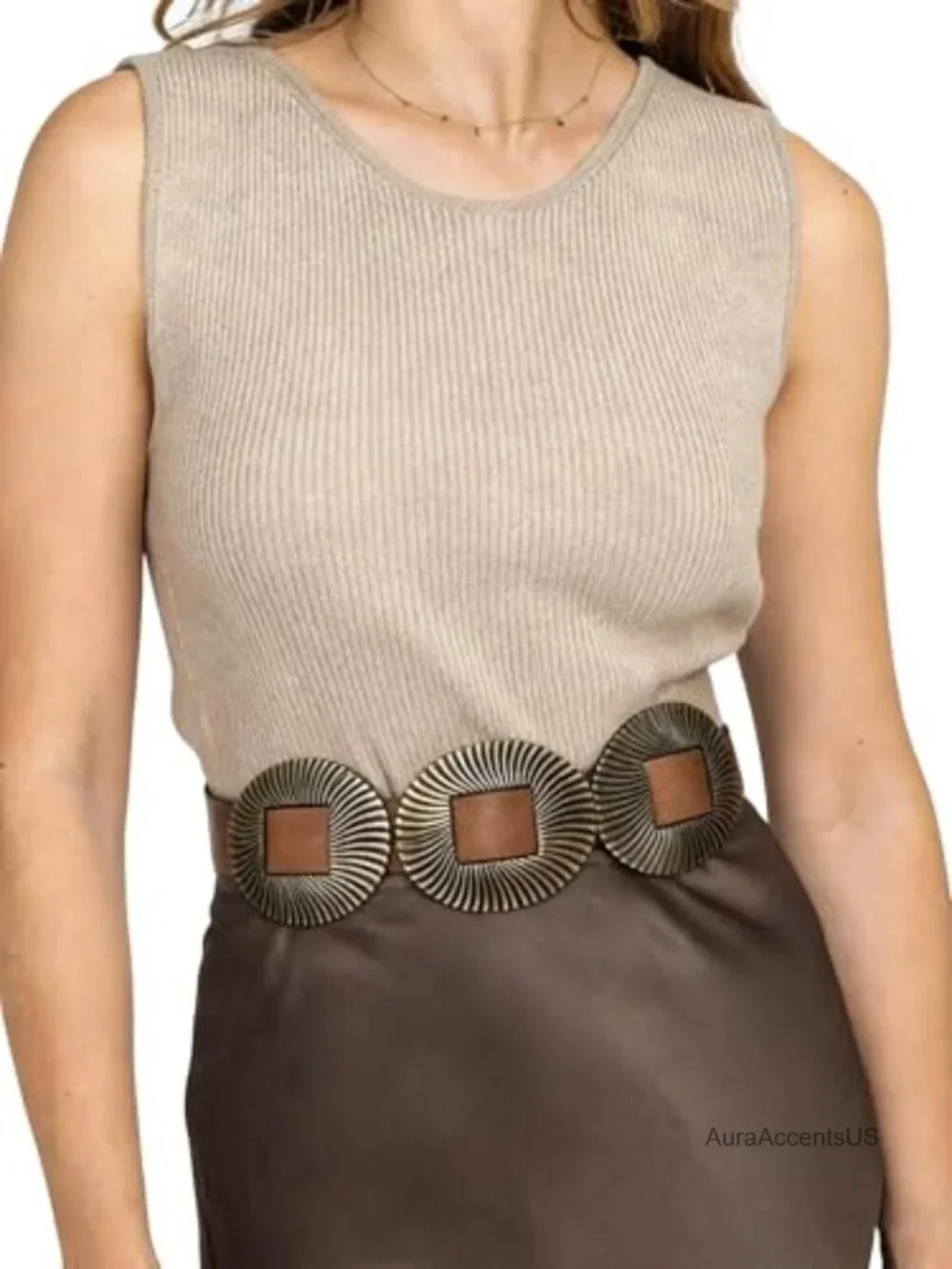 Western Concho Belt with Gold Buckle Adjustable Faux Leather Wide Disc Belt